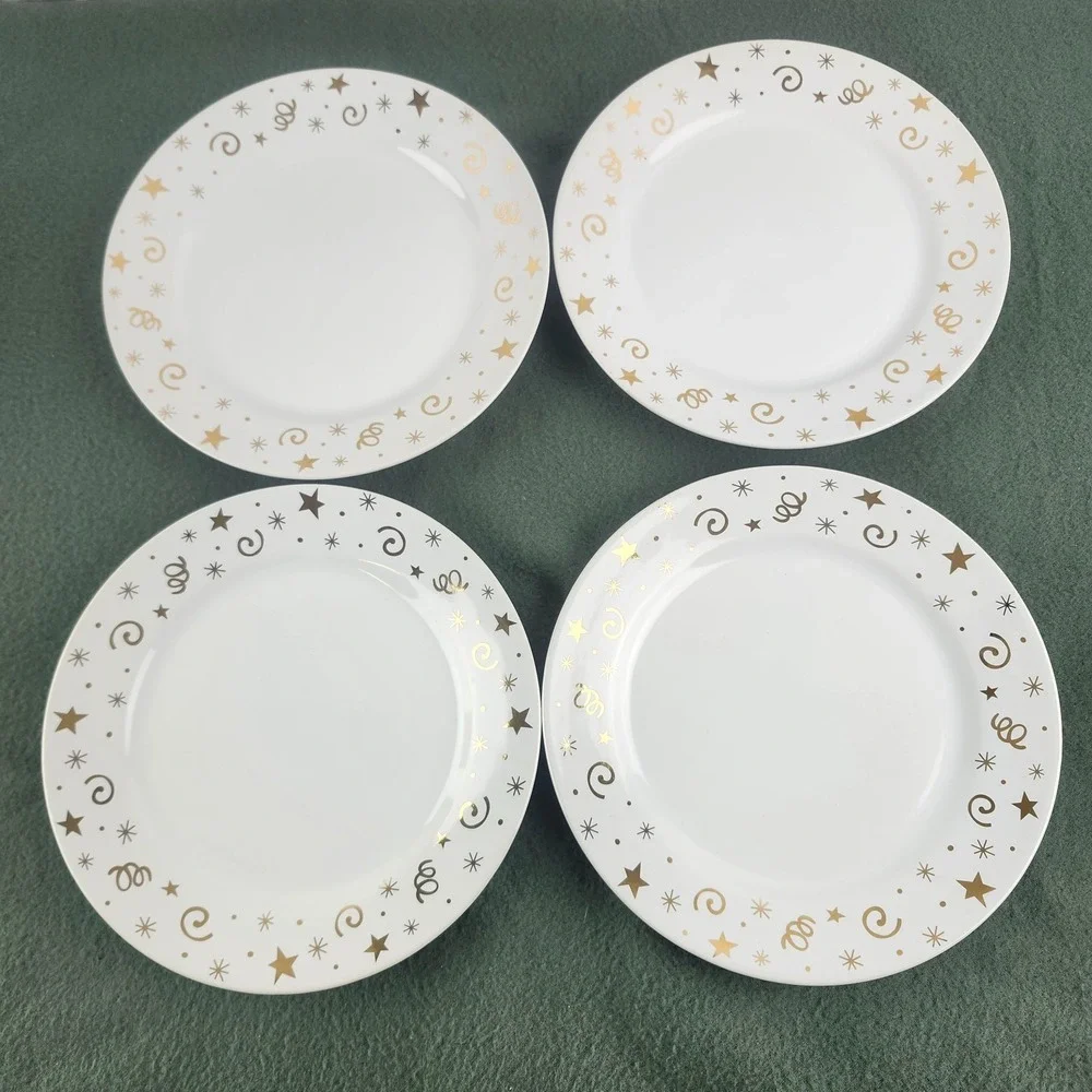 Set Of 4 Pampered Chef Celebration Dessert/Salad Plates Gold Stars 8